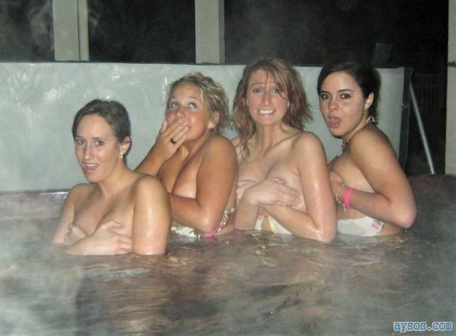 Ladies get caught naked in the hot tub