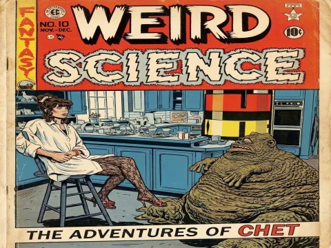 Vintage Weird Science Comic Shows Woman with Scaly Monster